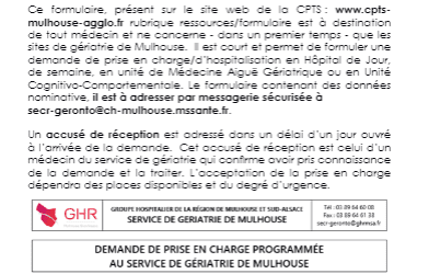 Flyer de demande d’une hospitalisation programmée au service de gériatrie de Mulhouse sans avoir à décrocher le téléphone.