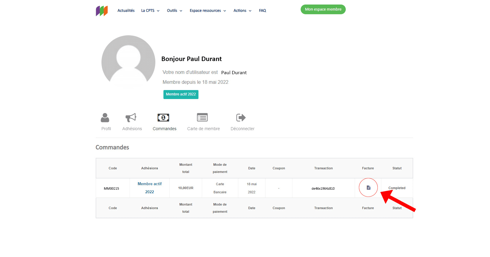 Capture d'écran menu principal espace perso - vos commandes